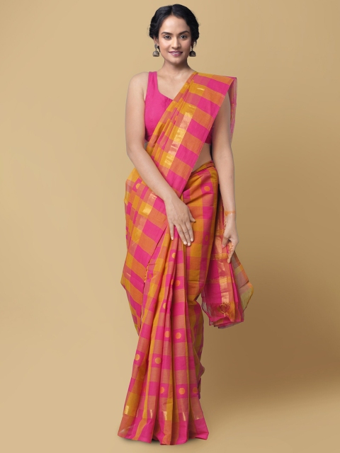 

Unnati Silks Pink & Yellow Checked Zari Pure Cotton Chettinad Saree