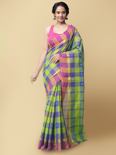 

Unnati Silks Green & Blue Checked Zari Pure Cotton Chettinad Saree