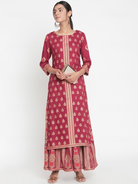 

Ramas Women Maroon Ethnic Motifs Printed Panelled Kurta with Skirt