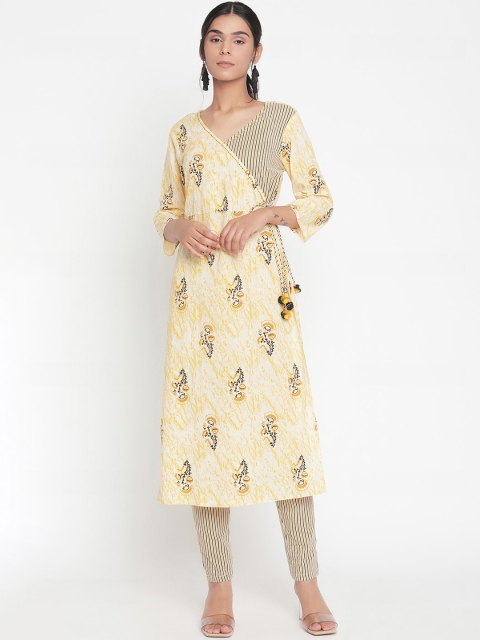 

Ramas Women Yellow Ethnic Motifs Printed Angrakha Pure Cotton Kurta with Trousers