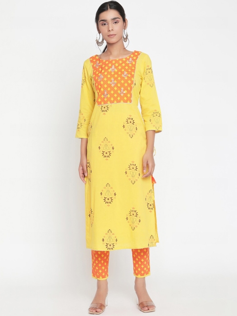 

Ramas Women Yellow Ethnic Motifs Printed Regular Pure Cotton Kurta with Trousers