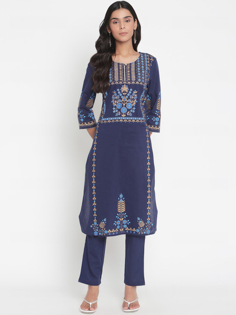 

Ramas Women Blue Ethnic Motifs Printed Regular Pure Cotton Kurta with Trousers