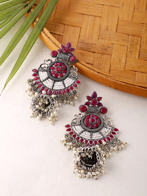 

Yellow Chimes Silver-Plated & Pink Crescent Shaped Jhumkas