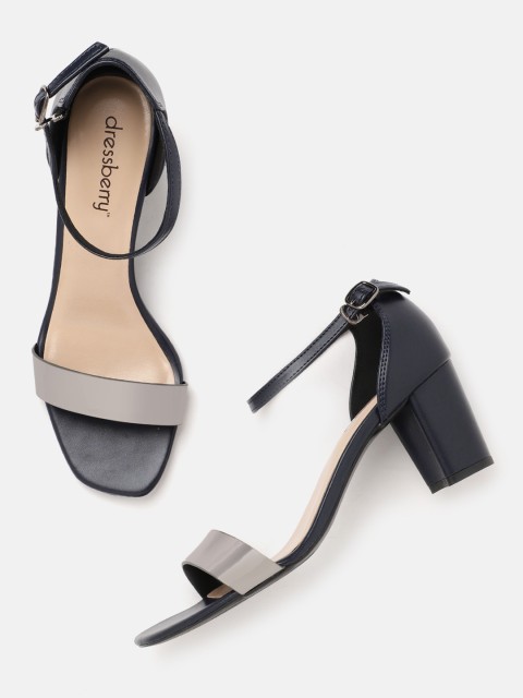 

DressBerry Women Gunmetal-Toned & Navy Blue Colourblocked Block Heels, Metallic