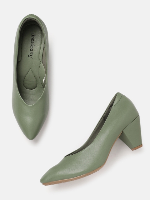 

DressBerry Olive Green Solid Block Heeled Pumps