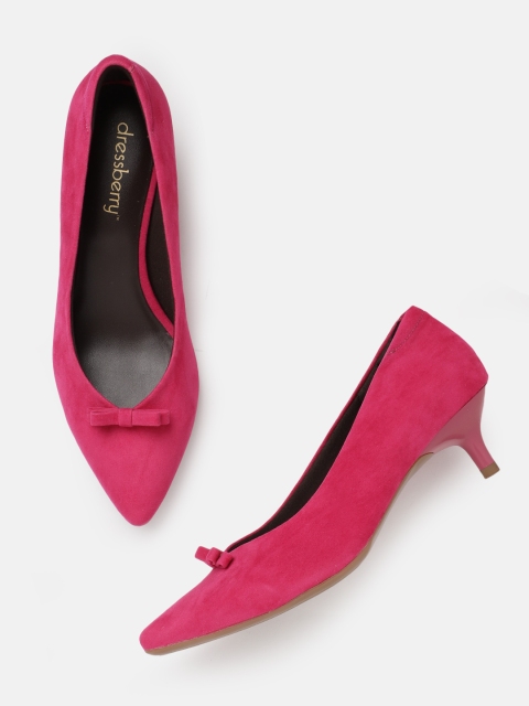 

DressBerry Pink Velvet Finish Solid Kitten Heeled Pumps with Bow Detail