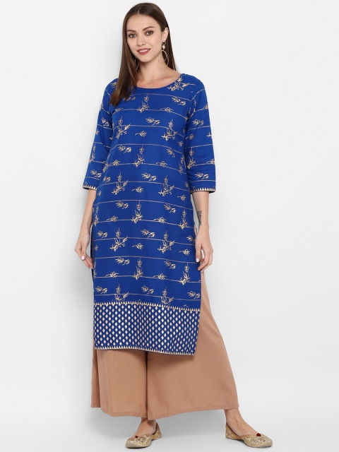 

ZOEYAMS Women Blue & Gold-Coloured Floral Block Printed Cotton Straight Kurta