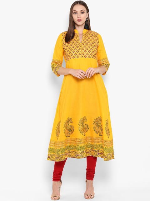 

ZOEYAMS Women Yellow & Green Ethnic Motifs Block Printed Gotta Patti Cotton Anarkali Kurta