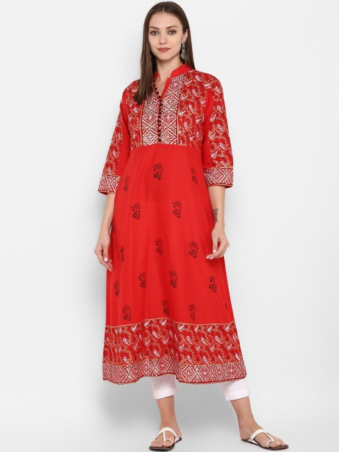 

ZOEYAMS Women Red & White Ethnic Motifs Block Printed Gotta Patti Cotton Anarkali Kurta