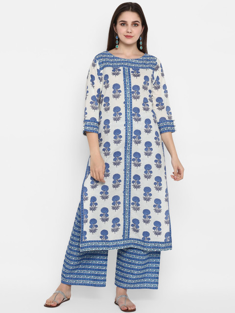 

ZOEYAMS Women White & Blue Ethnic Motifs Printed Straight Kurta