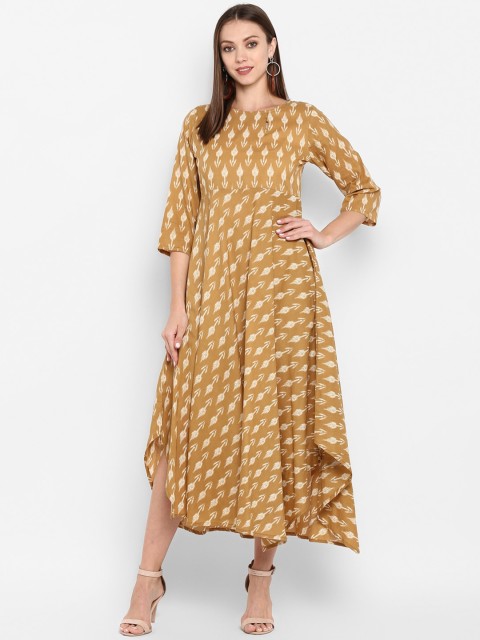 

ZOEYAMS Beige & Off White Ethnic Motifs Printed Cotton Ethnic Midi Fit & Flare Dress