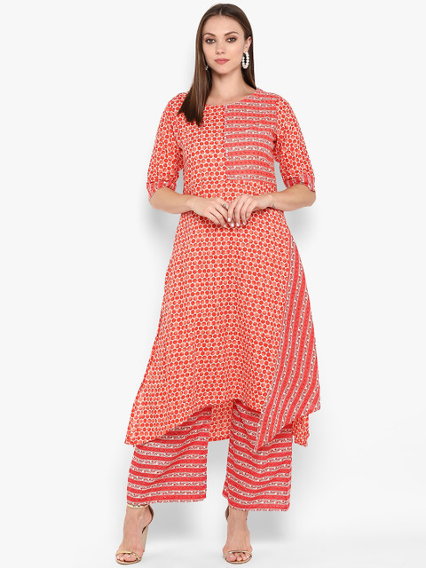 

ZOEYAMS Women Red & Off White Geometric Printed Cotton Asymmetric A-line Kurta