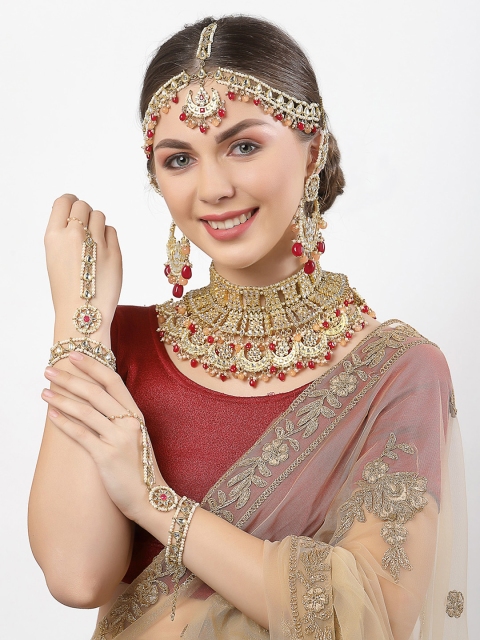

KARATCART Gold-Plated Red & White Kundan-Studded & Stone Beaded Jewellery Set