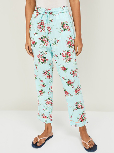 

SECRETS BY ZEROKAATA Women Turquoise Blue Floral Printed Lounge Pants