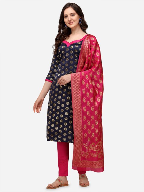 

Iris Navy Blue & Pink Woven Design Banarasi Jacquard Unstitched Dress Material