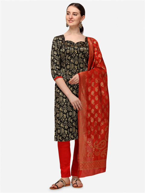 

Iris Black & Red Woven Design Banarasi Jacquard Unstitched Dress Material