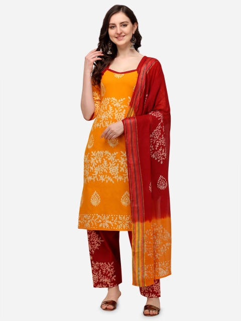 

Iris Mustard Yellow & Maroon Batik Printed Soft Cotton Wex Unstitched Dress Material