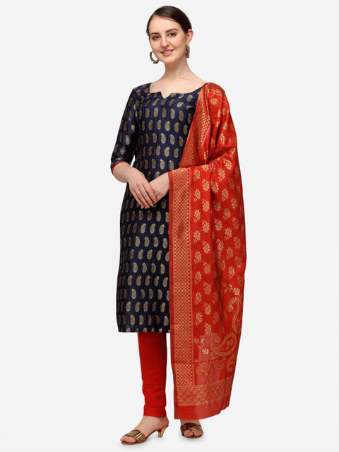 

Iris Navy Blue & Red Woven Design Banarasi Jacquard Unstitched Dress Material