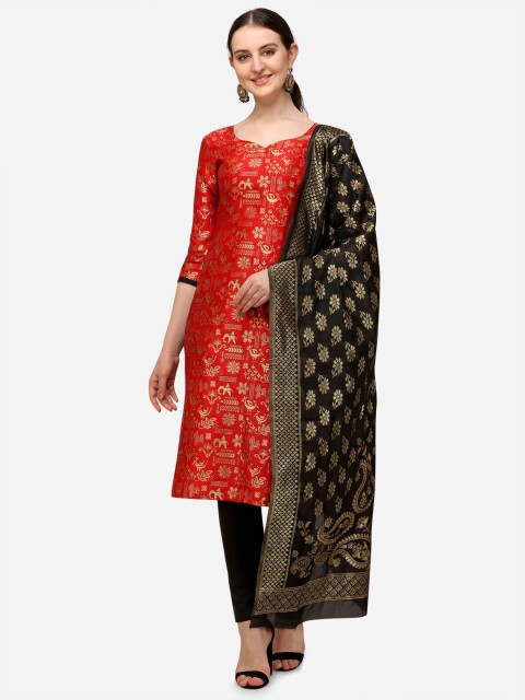 

Iris Red & Black Woven Design Banarasi Jacquard Unstitched Dress Material
