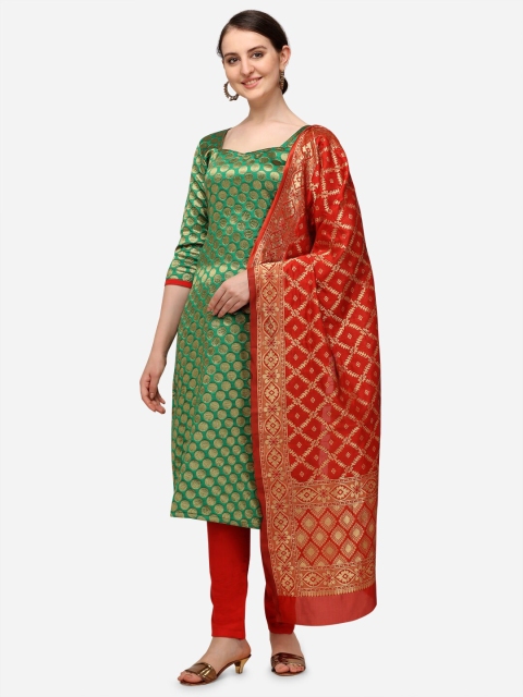 

Iris Green & Red Woven Design Banarasi Jacquard Unstitched Dress Material