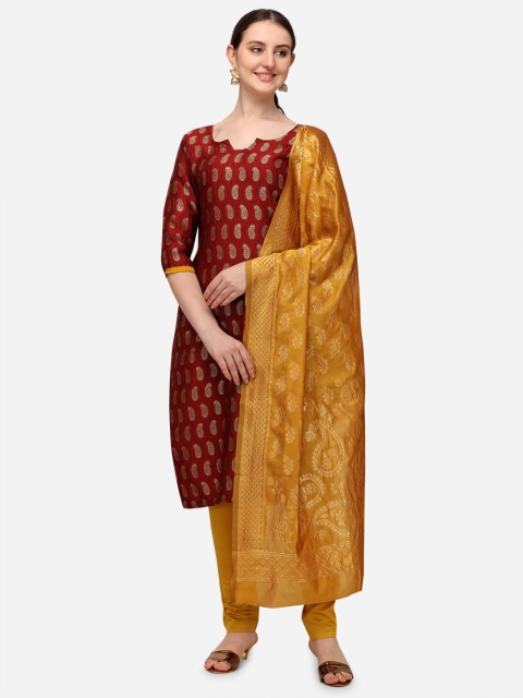 

Iris Maroon & Mustard Yellow Woven Design Banarasi Jacquard Unstitched Dress Material