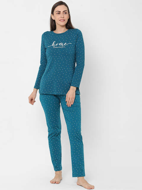 

Sweet Dreams Women Teal & White Printed Night Suit