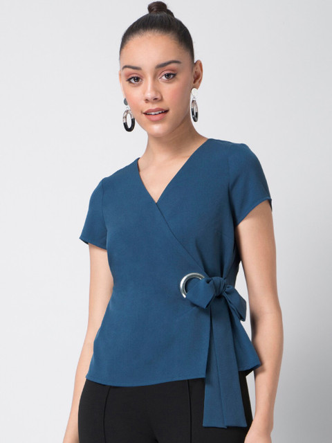 

FabAlley Blue Crepe Eyelet Tie Wrap Top