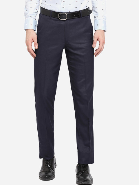 

Greenfibre Men Navy Blue Textured Slim Fit Formal Trousers