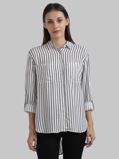 

Parx Women White and Black Opaque Striped Casual Shirt