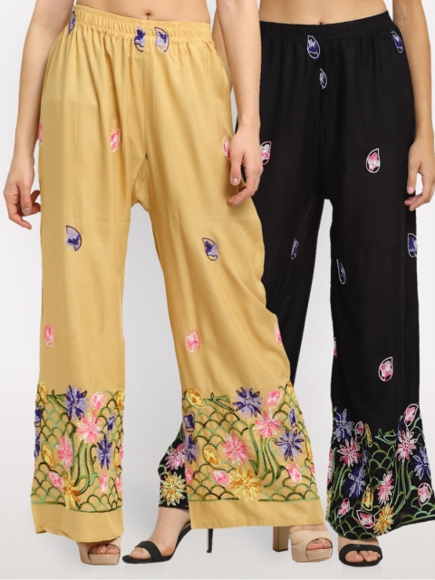 

NEUDIS Women Pack of 2 Beige & Black Floral Embroidered Ethnic Palazzos