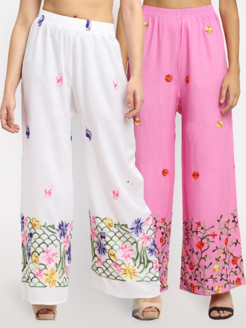 

NEUDIS Women Pack of 2 White & Pink Floral Embroidered Ethnic Palazzos