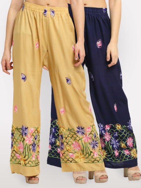 

NEUDIS Women Pack of 2 Beige & Navy Blue Floral Embroidered Ethnic Palazzos