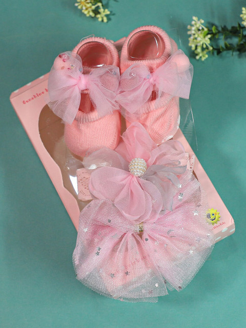 

FEETWELL SHOES Infant Girls Pink Booties With Headband