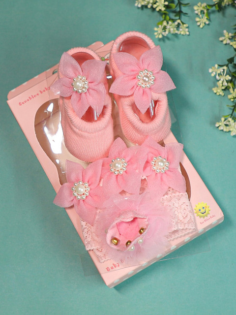 

FEETWELL SHOES Girls Pink Booties & Headband Set