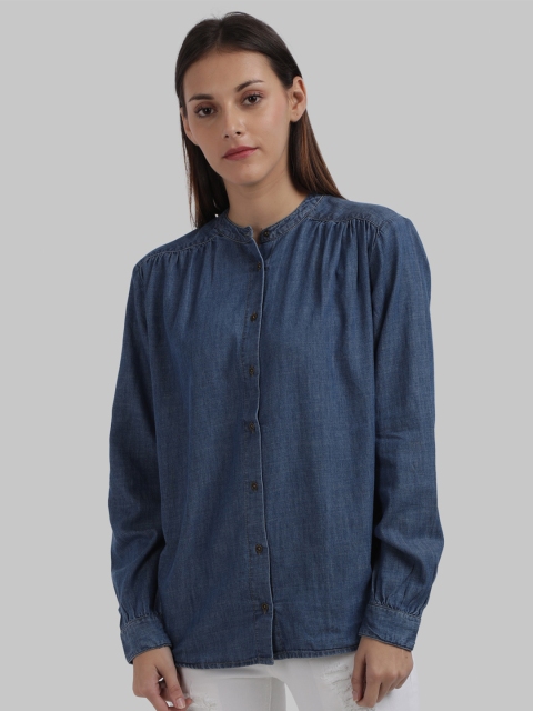 

Parx Blue Solid Mandarin Collar Shirt Style Top
