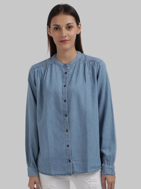 

Parx Blue Solid Mandarin Collar Shirt Style Top