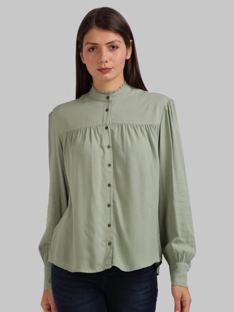 

Parx Green Solid Mandarin Collar Shirt Style Top