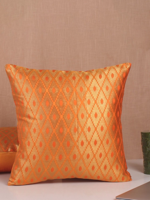 

Molcha Yellow & Gold-Toned Set of 2 Geometric Banarasi Brocade Square Cushion Covers