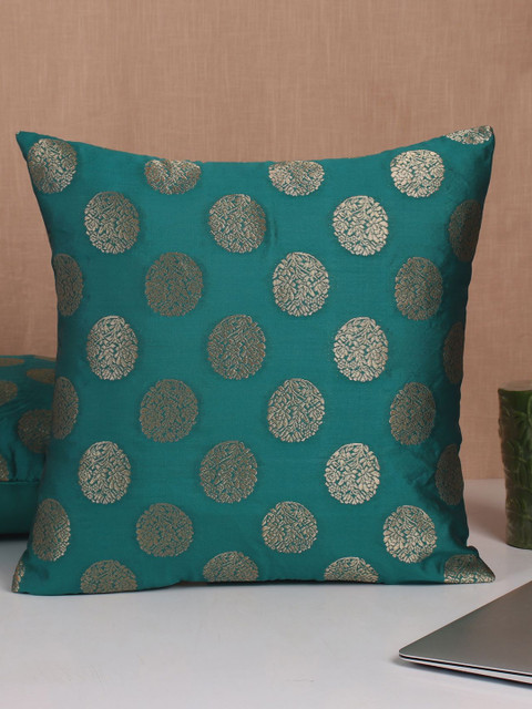 

Molcha Green & Gold-Toned Set of 2 Ethnic Motifs Banarasi Brocade Square Cushion Covers