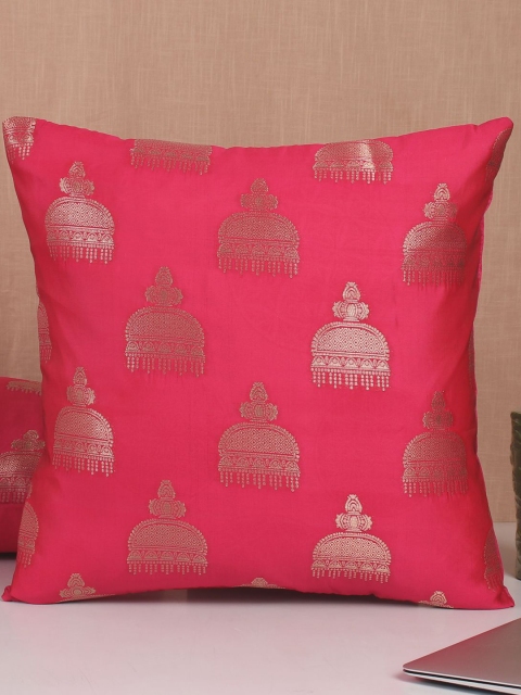 

Molcha Pink & Gunmetal-Toned Set of 2 Ethnic Motifs Banarasi Brocade Square Cushion Covers