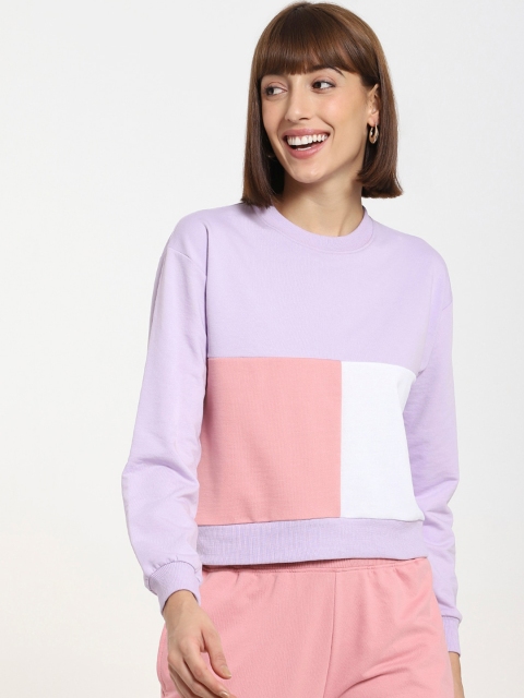 

Bewakoof Women Purple & Pink Colourblocked Cotton Sweatshirt