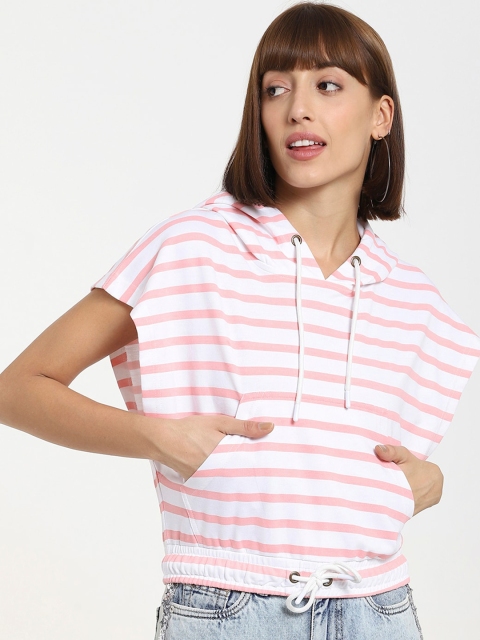 

Bewakoof Women White & Pink Striped Cotton Hooded Sweatshirt