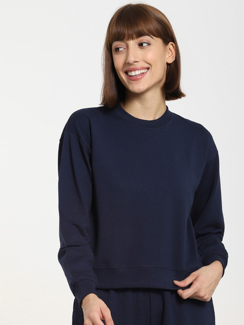 

Bewakoof Women Navy Blue Solid Cotton Sweatshirt