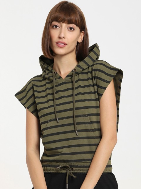 

Bewakoof Women Olive Green & Black Striped Cotton Hooded Sweatshirt