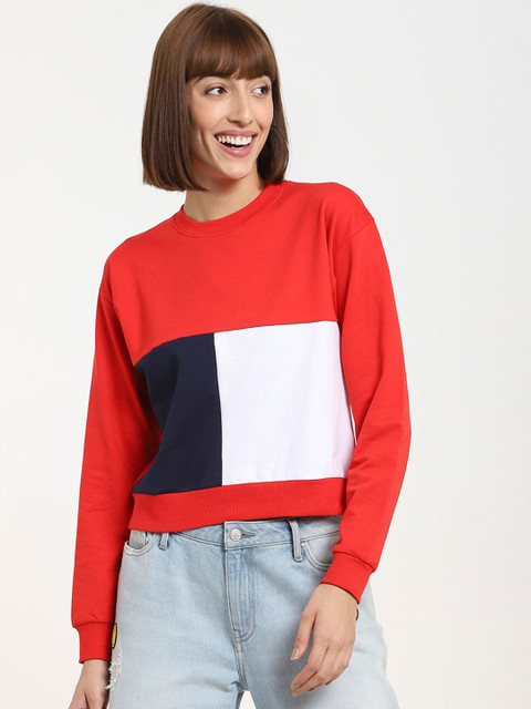 

Bewakoof Women Red & White Colourblocked Cotton Sweatshirt