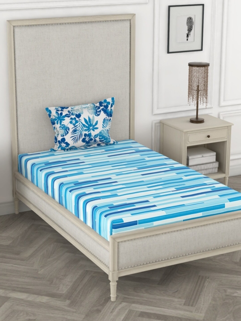 

BIANCA Blue & White Striped 144 TC Pure Cotton Single Bedsheet with 1 Pillow Covers
