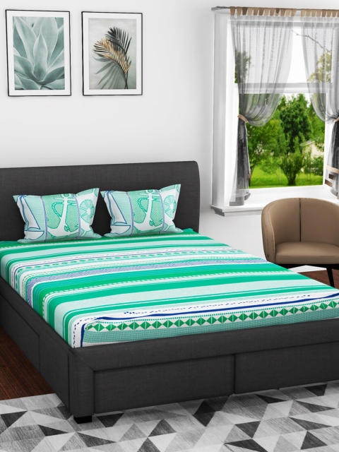 

BIANCA Green & White Striped 144 TC Pure Cotton Queen Bedsheet with 2 Pillow Covers