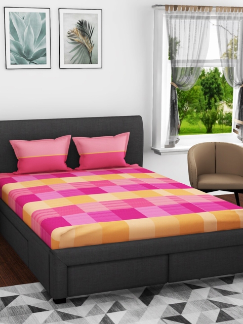 

BIANCA Pink & Yellow Geometric 144 TC Pure Cotton Queen Bedsheet with 2 Pillow Covers