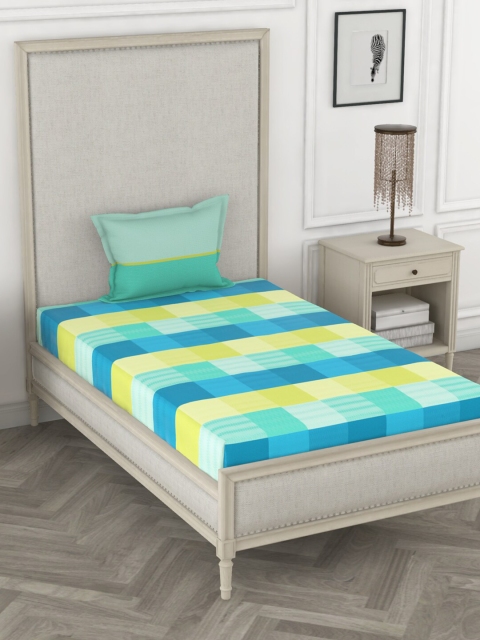 

BIANCA Green & Blue Geometric 144 TC Pure Cotton Single Bedsheet with 1 Pillow Covers