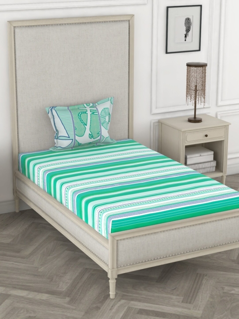 

BIANCA Green & White Striped 144 TC Pure Cotton Single Bedsheet with 1 Pillow Cover